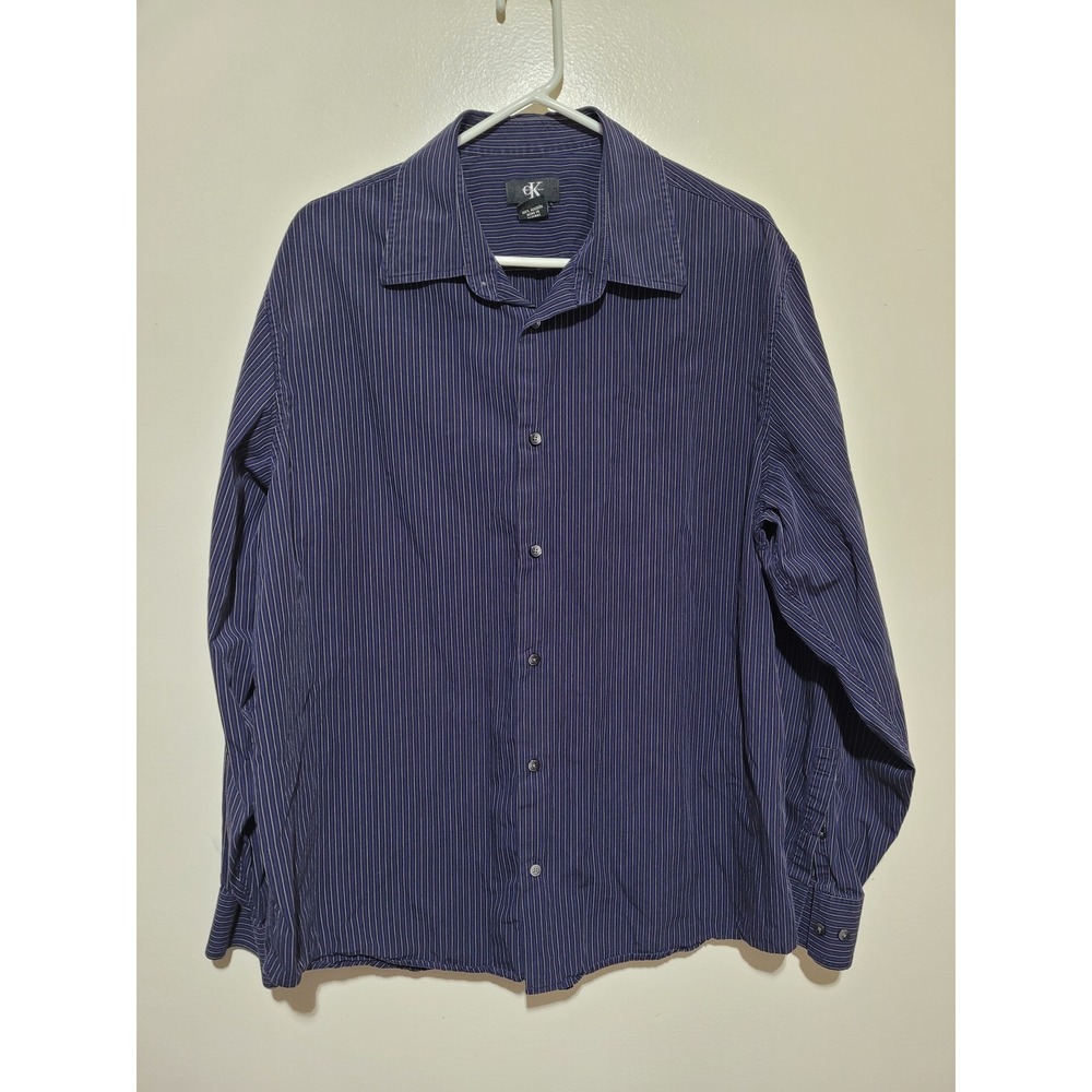 Calvin Klein Button Down Men XL Navy Blue Pinstripe Long Sleeve Cotton